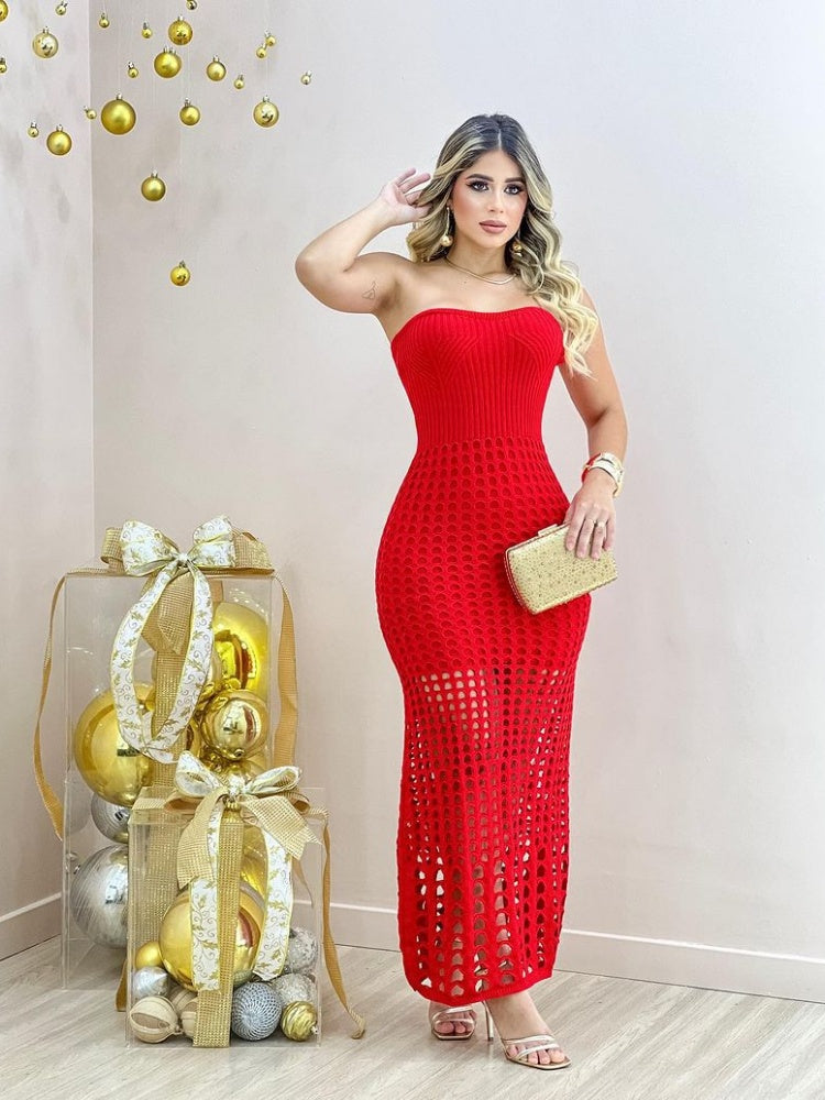 Strapless Crochet Knit Maxi Dress - High Stretch Hollow Out Beach Cover-Up