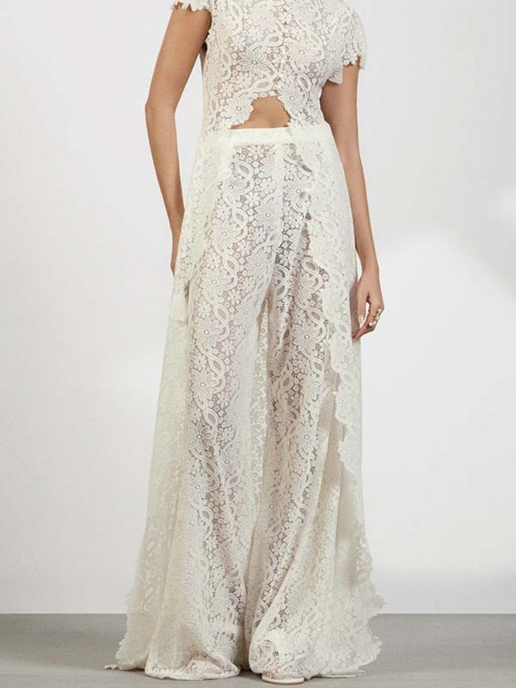 White Lace High Neck Short Sleeve Cutout Maxi Dress