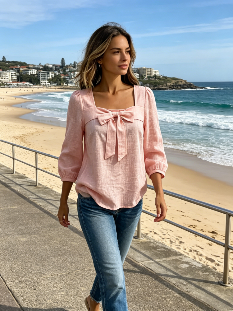 Square Neck Bow Tie Front Blouse