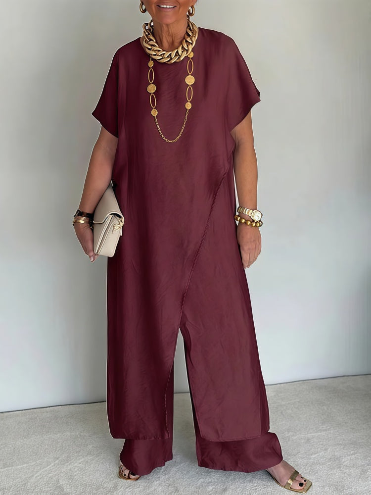 Two-piece set: loose-fitting, slit-front, belted top and wide-leg pants