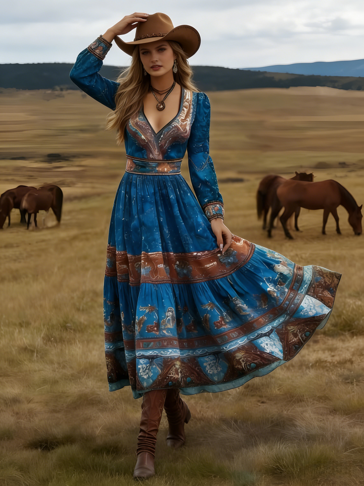 Boho Western Long Sleeve V-Neck Tiered Maxi Dress