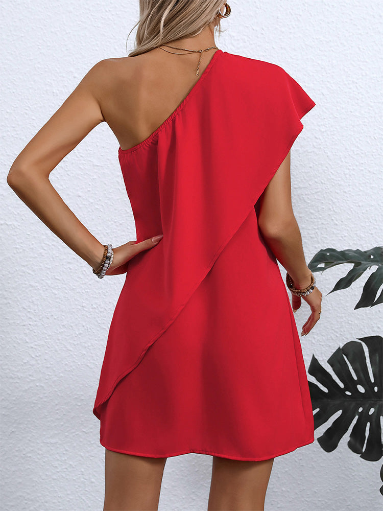 One-shoulder dress, vacation style, sleeveless A-line midi skirt