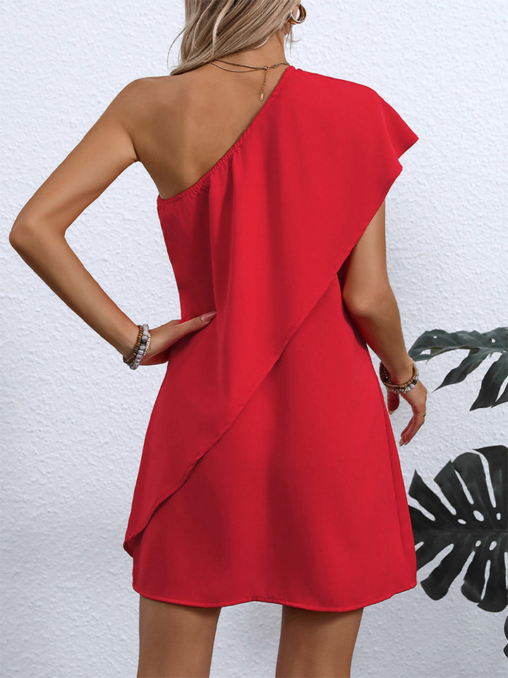 One-shoulder dress, vacation style, sleeveless A-line midi skirt