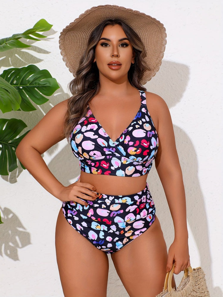 Plus Size Colorful Leopard Print Criss Cross Bikini Set