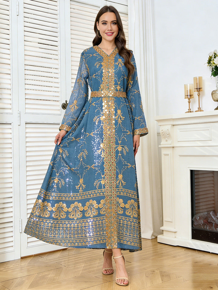 Gold Embroidered &amp; Sequin Formal Abaya Maxi Dress