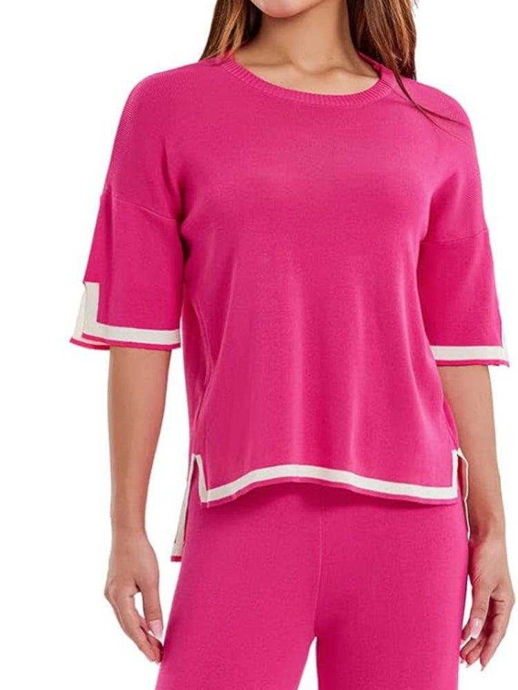 Contrast Trim Knit Short Sleeve Top &amp; Wide Leg Pants Set