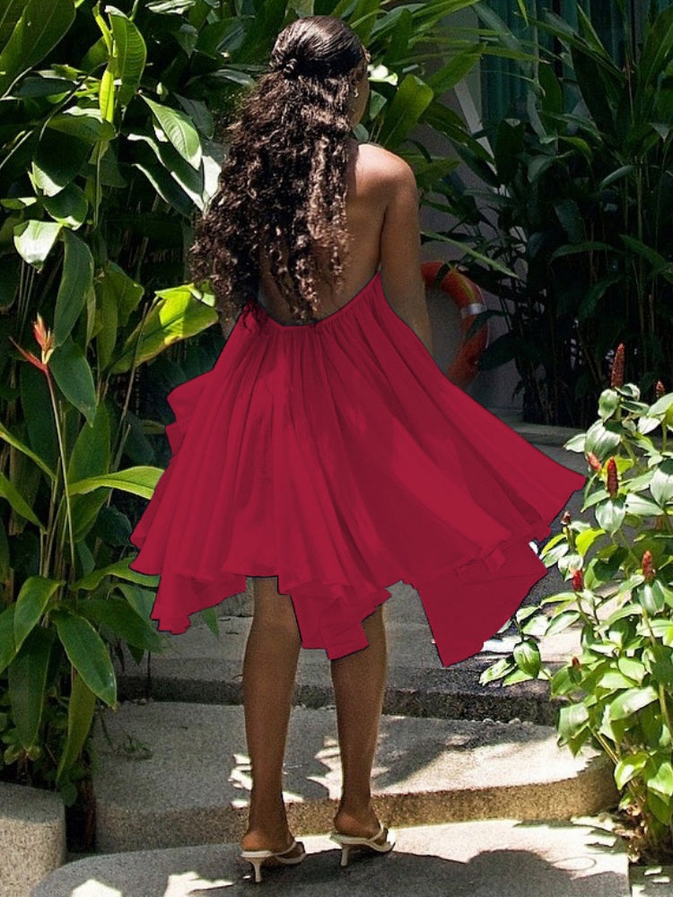 Halter Neck Ruffled Asymmetrical Mini Dress