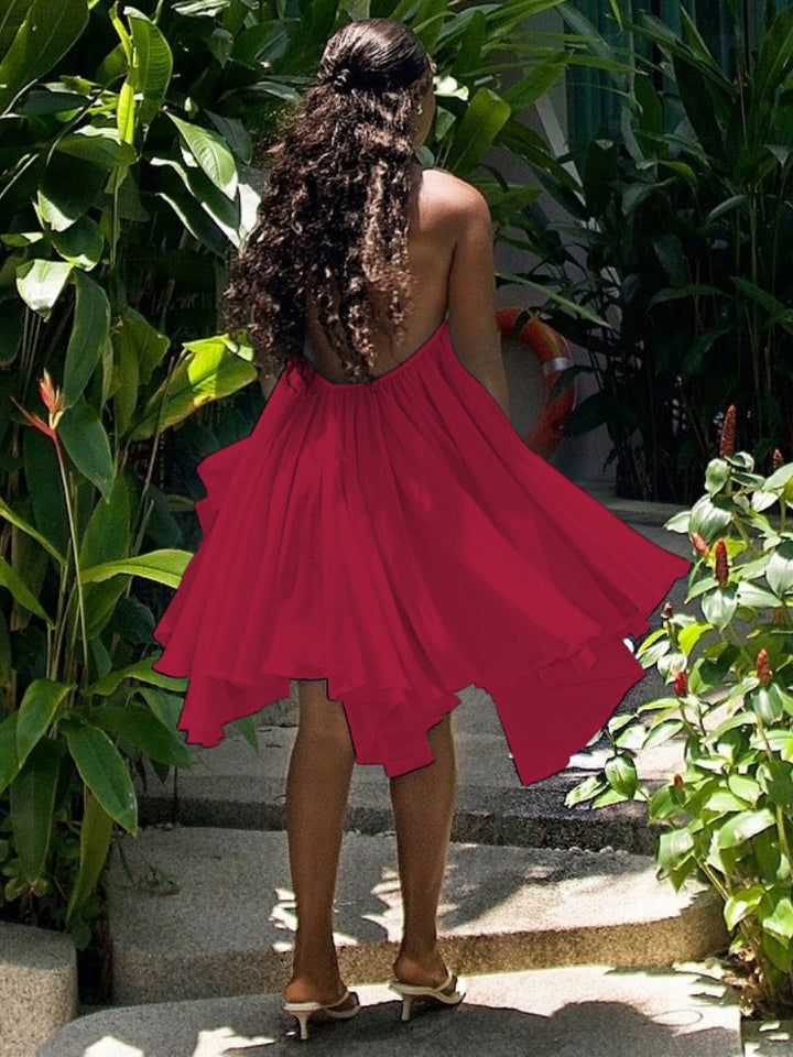 Halter Neck Ruffled Asymmetrical Mini Dress