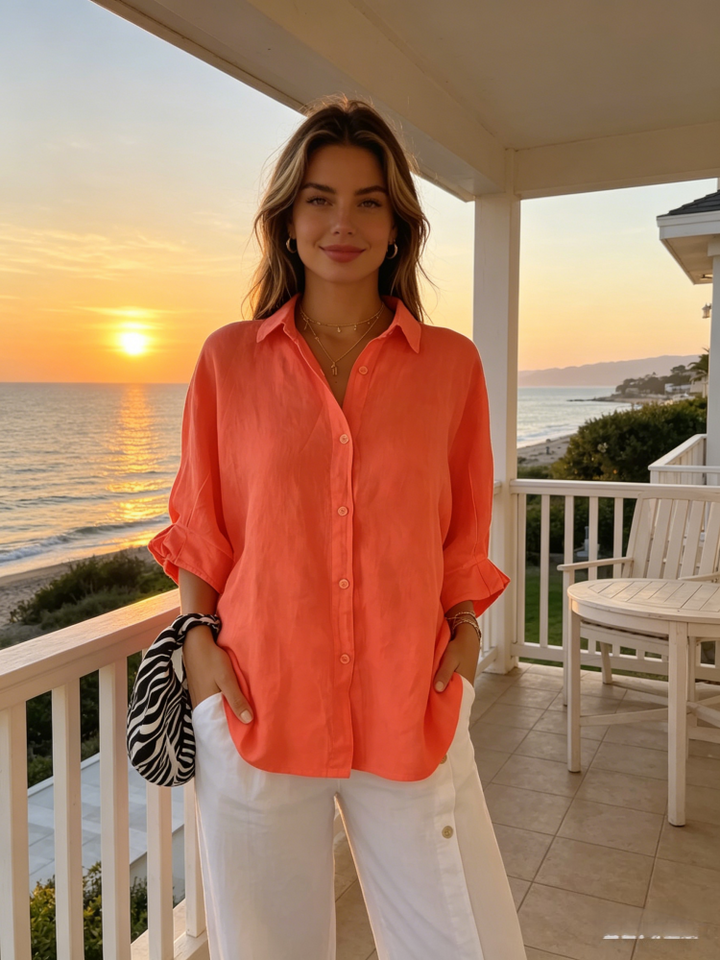 Linen Blend Oversized Button-Down Shirt - Breathable, Multiple Colors