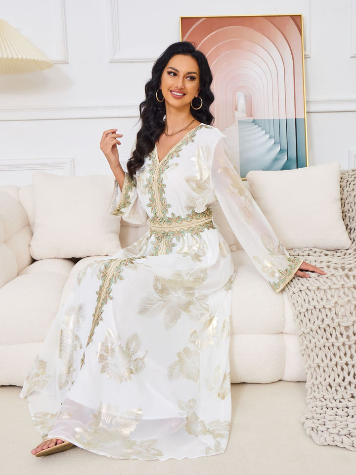 Gold Foil Floral Embroidered Abaya Maxi Dress