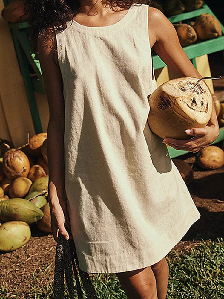 New cotton linen backless solid color mini vest dress