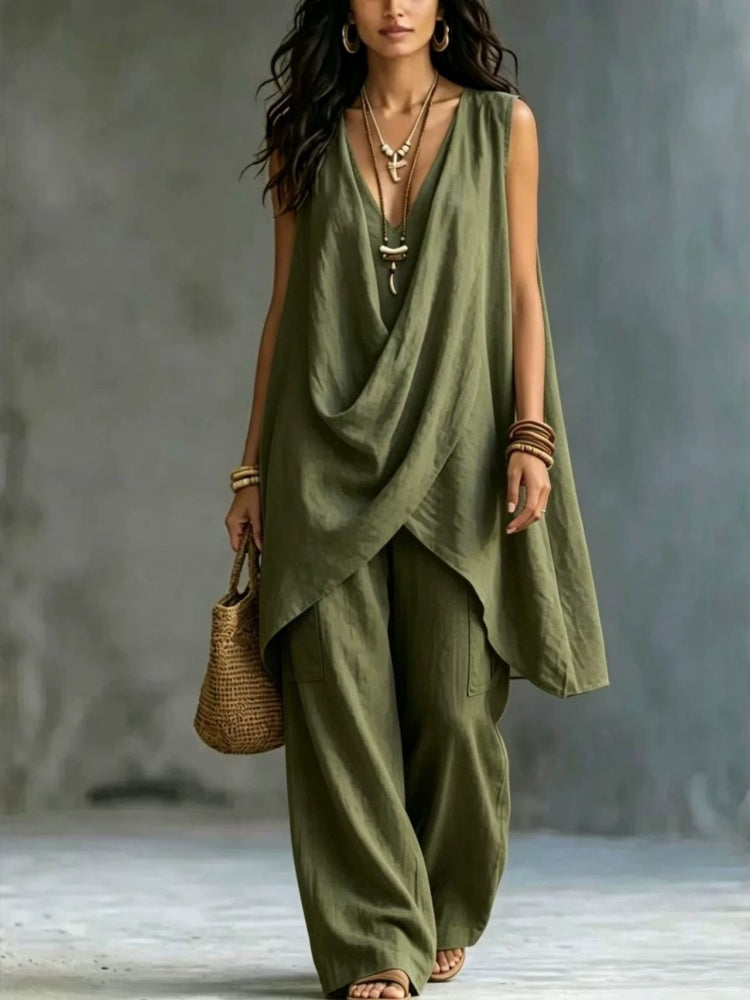 Sleeveless Stand Collar Cotton Linen Resort Two Piece Set