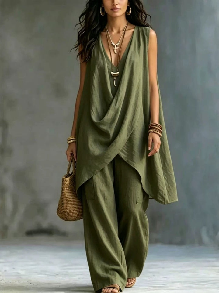 Sleeveless Stand Collar Cotton Linen Resort Two Piece Set