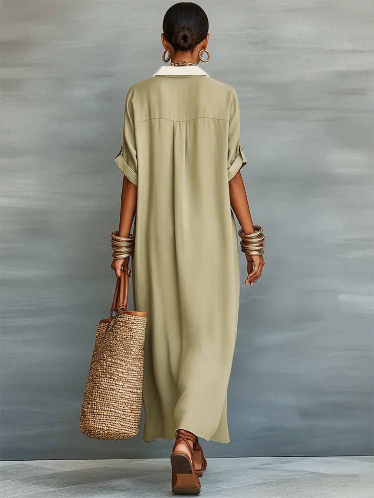 Color-blocked loose-fitting cotton and linen long shirt dress