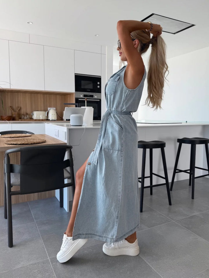 Sleeveless Button-Front Denim Maxi Dress