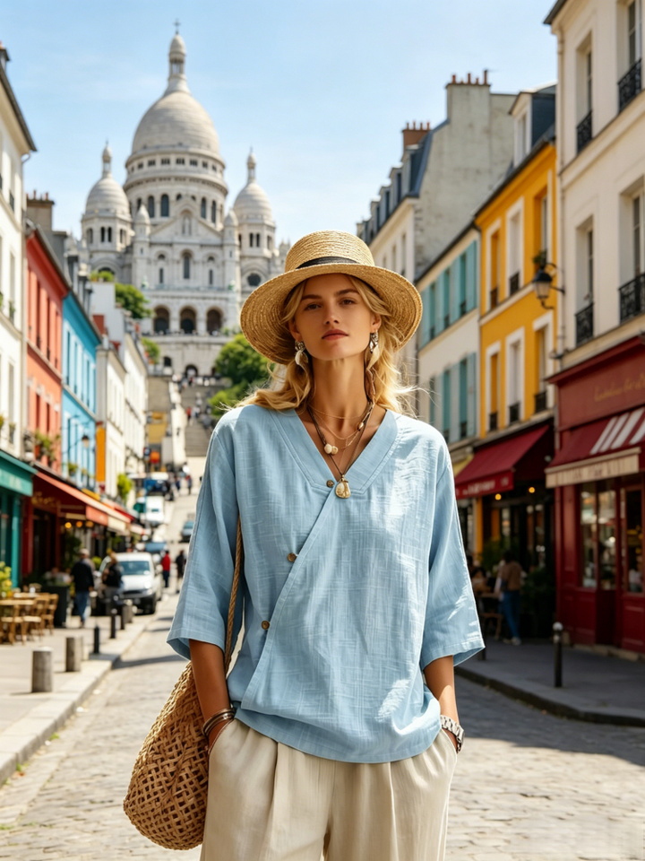 Asymmetric Button Linen Blend Blouse