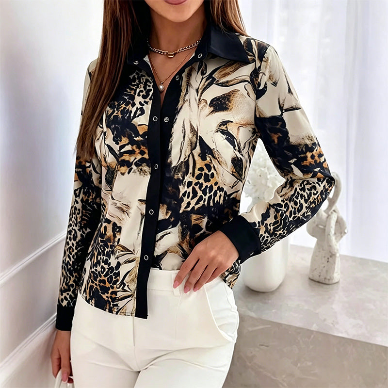 Satin button-print long-sleeved shirt