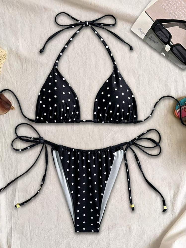 Black Polka Dot Triangle Bikini Set