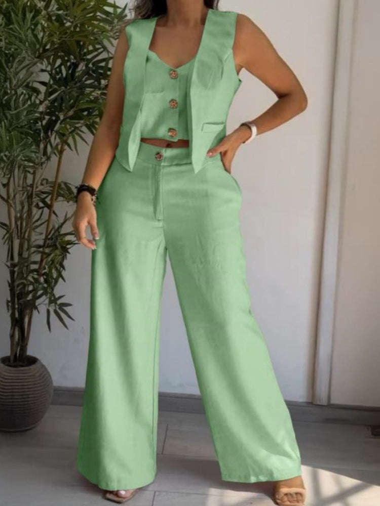 Sleeveless Button Vest &amp; Wide Leg Pants Set