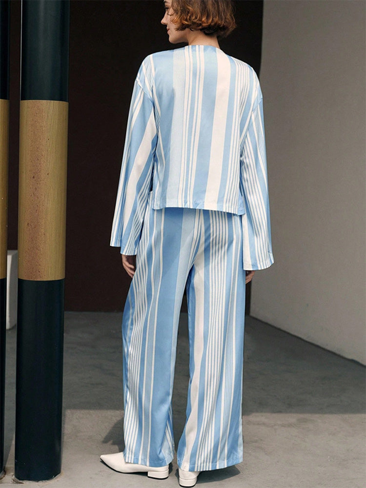 Striped long-sleeved straight-leg trousers two-piece pajama set
