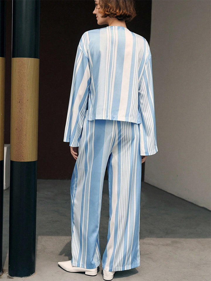 Striped long-sleeved straight-leg trousers two-piece pajama set