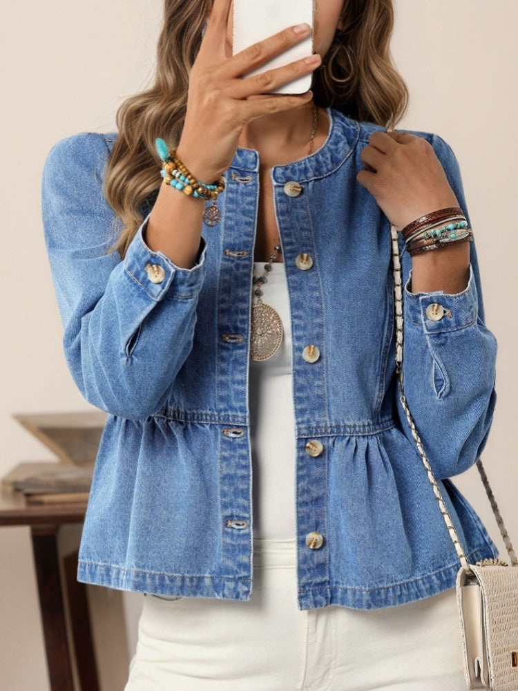 Round Neck Puff Sleeve Peplum Cropped Denim Jacket