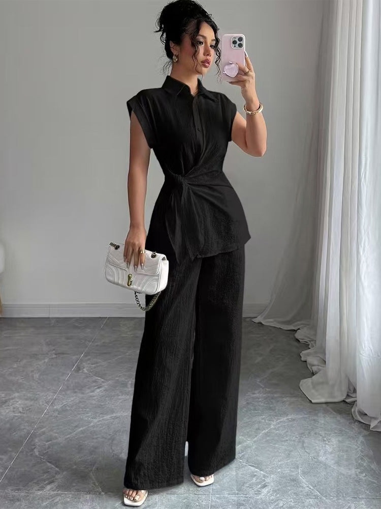 Tie-Waist Sleeveless Shirt &amp; Wide Leg Pants Set