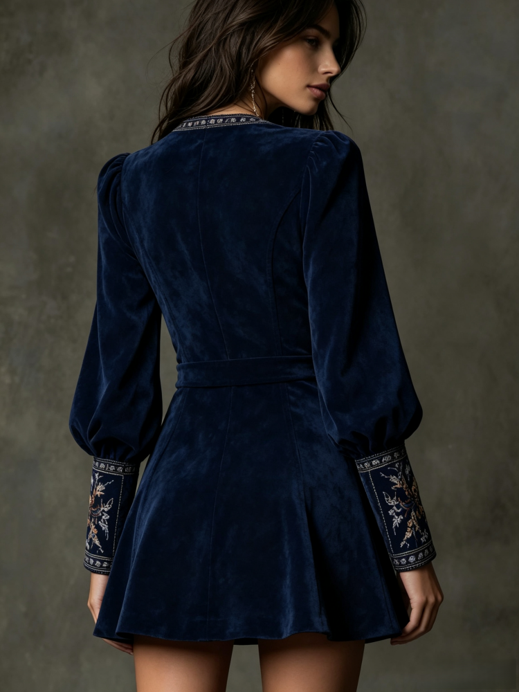 V-neck embroidered long-sleeved dress