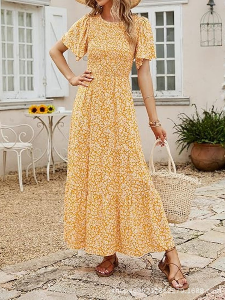Floral Print Flutter Sleeve Tiered Maxi Dress
