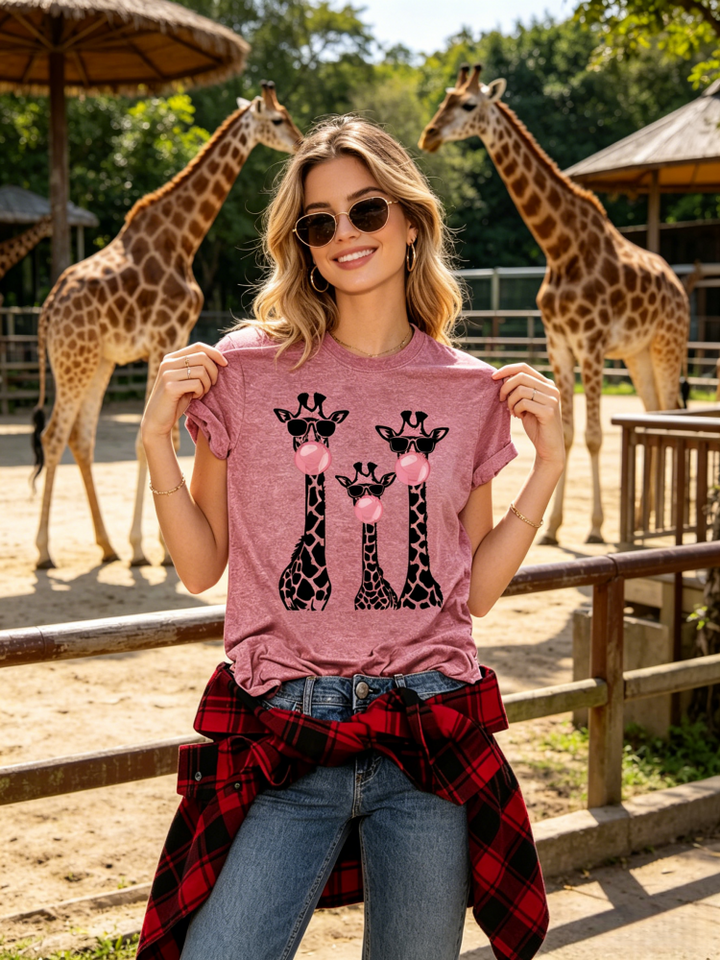 Funny Giraffe Family Bubblegum Print Crew Neck T-Shirt