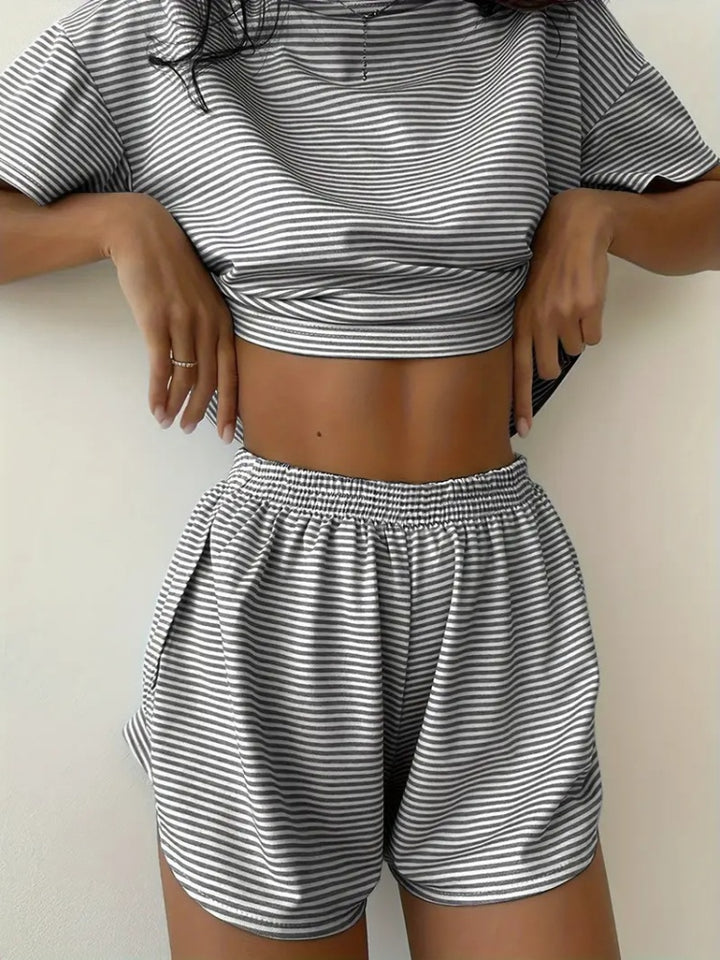 Striped Crop Top &amp; Curved Hem Shorts Set
