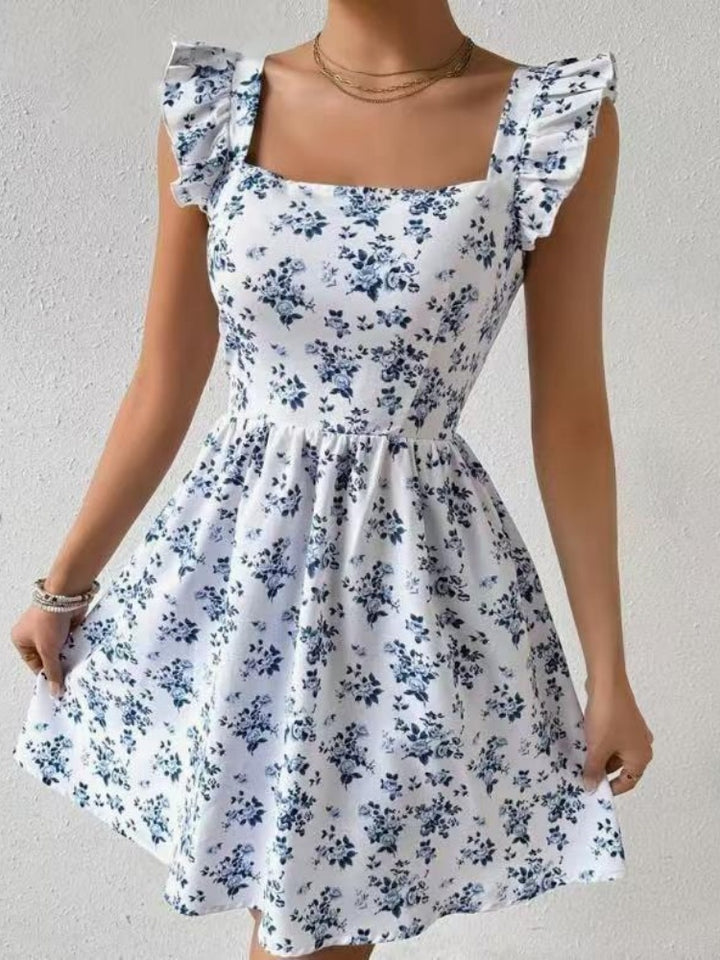 Square Neck Ruffled Sleeve Print Mini Dress