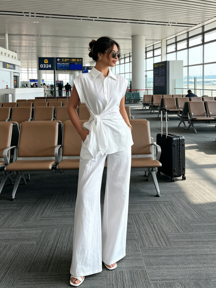Tie-Waist Sleeveless Shirt &amp; Wide Leg Pants Set