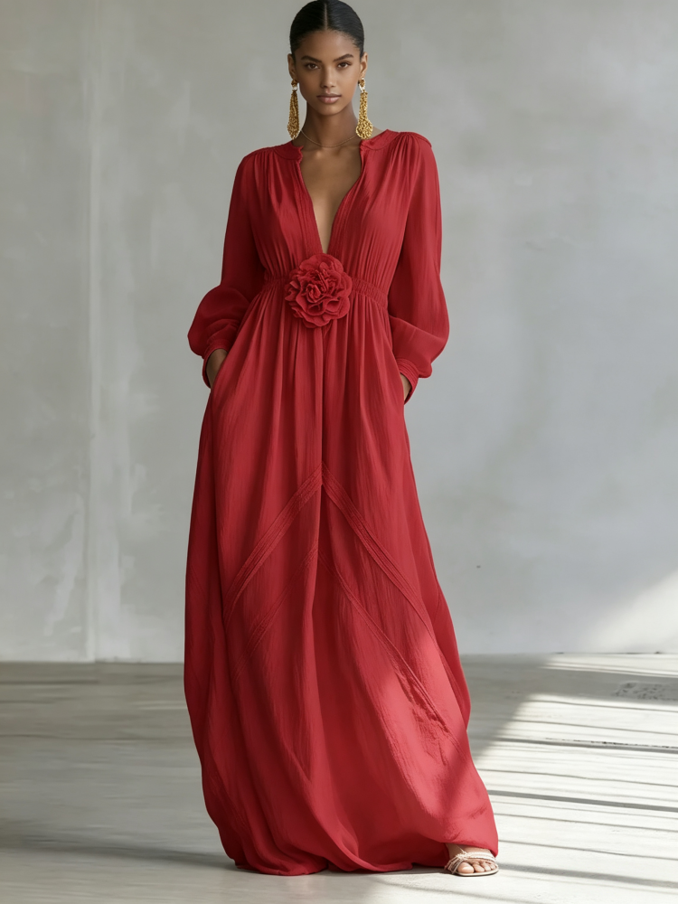 Elegant 3D Floral Cotton Linen Maxi Dress with Resort Style