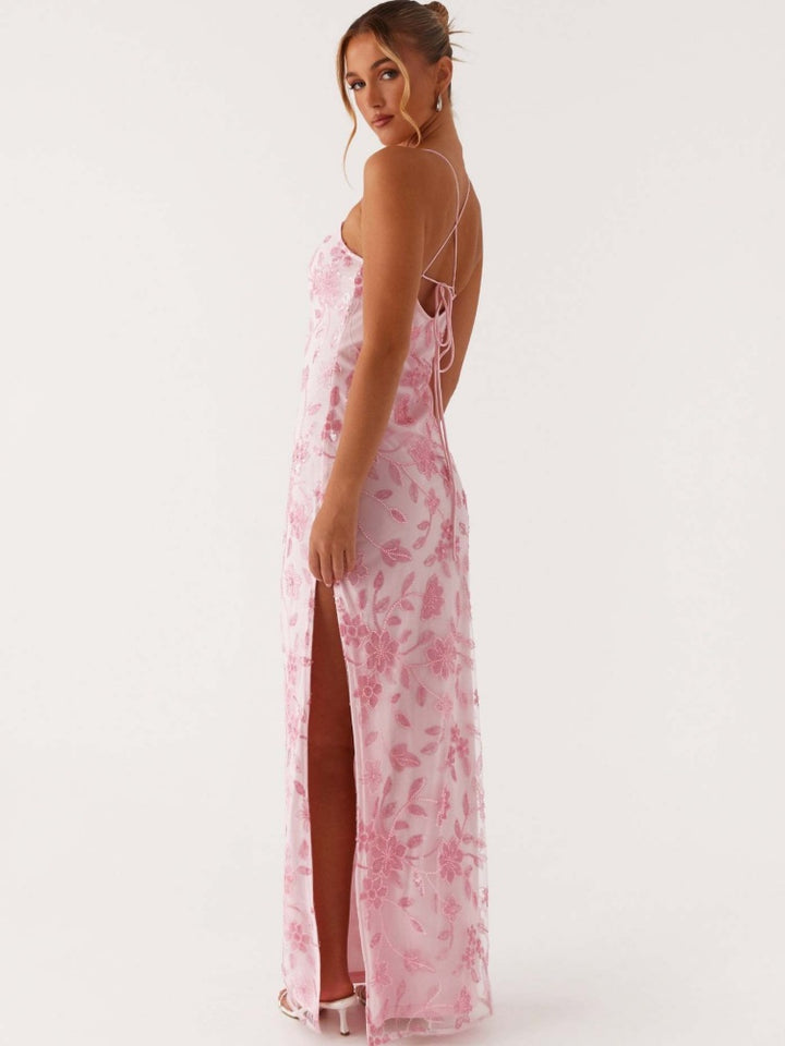 Floral Embroidered Mesh Maxi Dress - Spaghetti Strap Bodycon Evening Gown