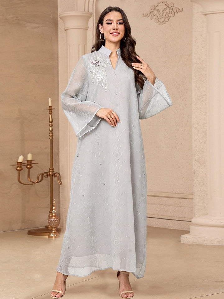 Crystal &amp; Floral Applique Embellished Abaya Maxi Dress