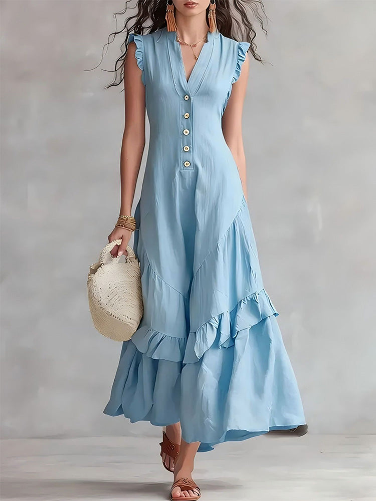 Elegant minimalist ruffled cotton linen sleeveless dress