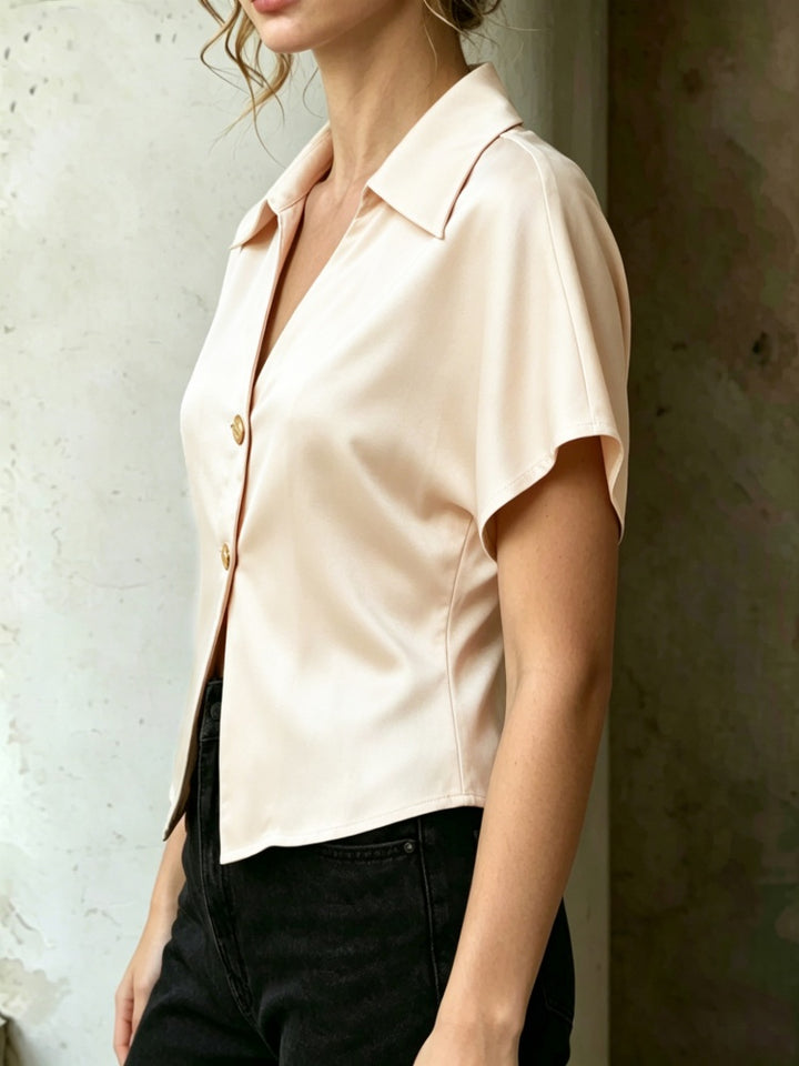 Satin V-Neck Button-Down Short Sleeve Blouse