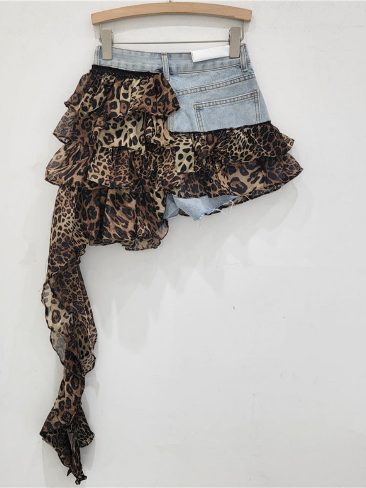 Leopard Print Ruffle Denim Mini Skirt