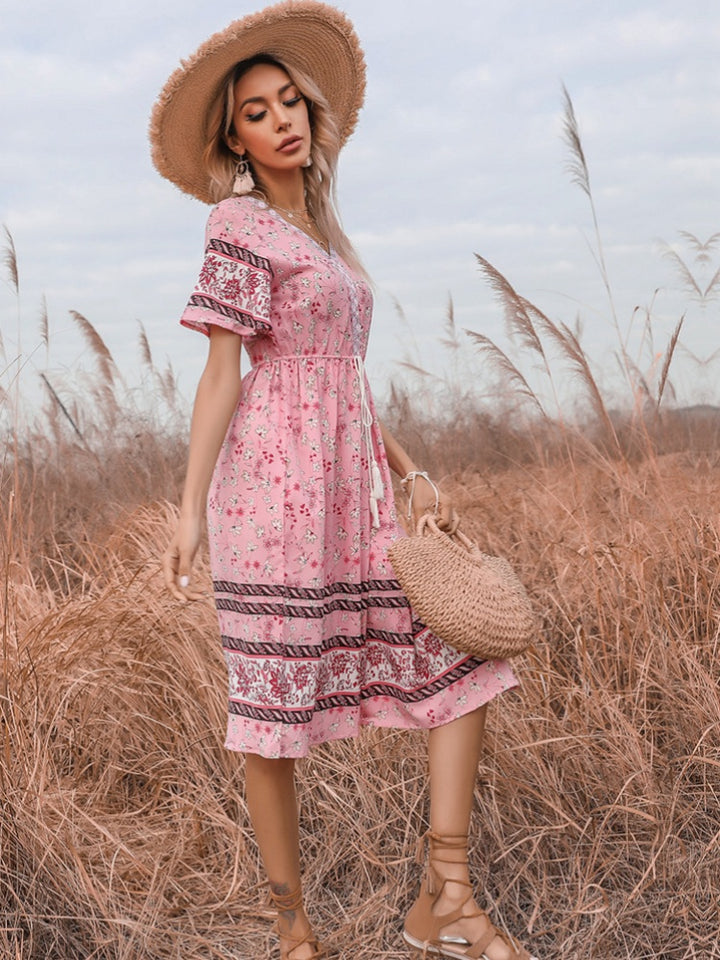 V-neck floral elastic waist dress