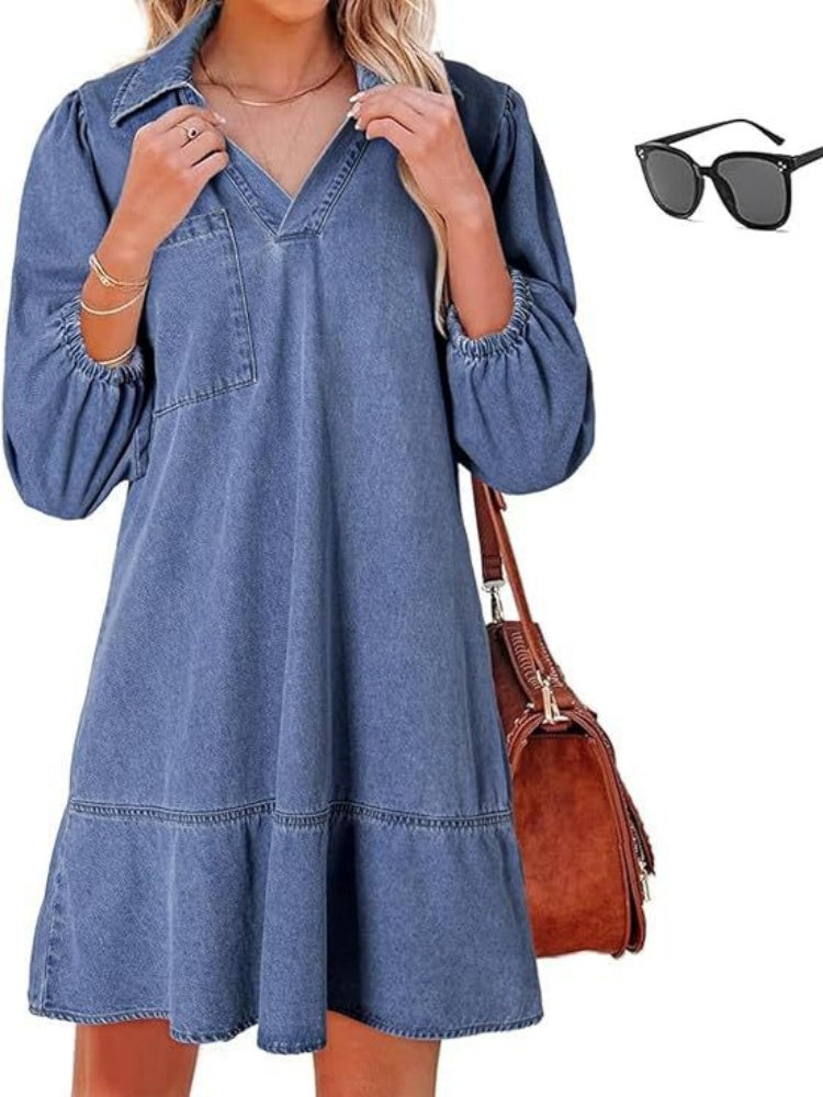 Collared V Neck Puff Sleeve Tiered Denim Midi Dress
