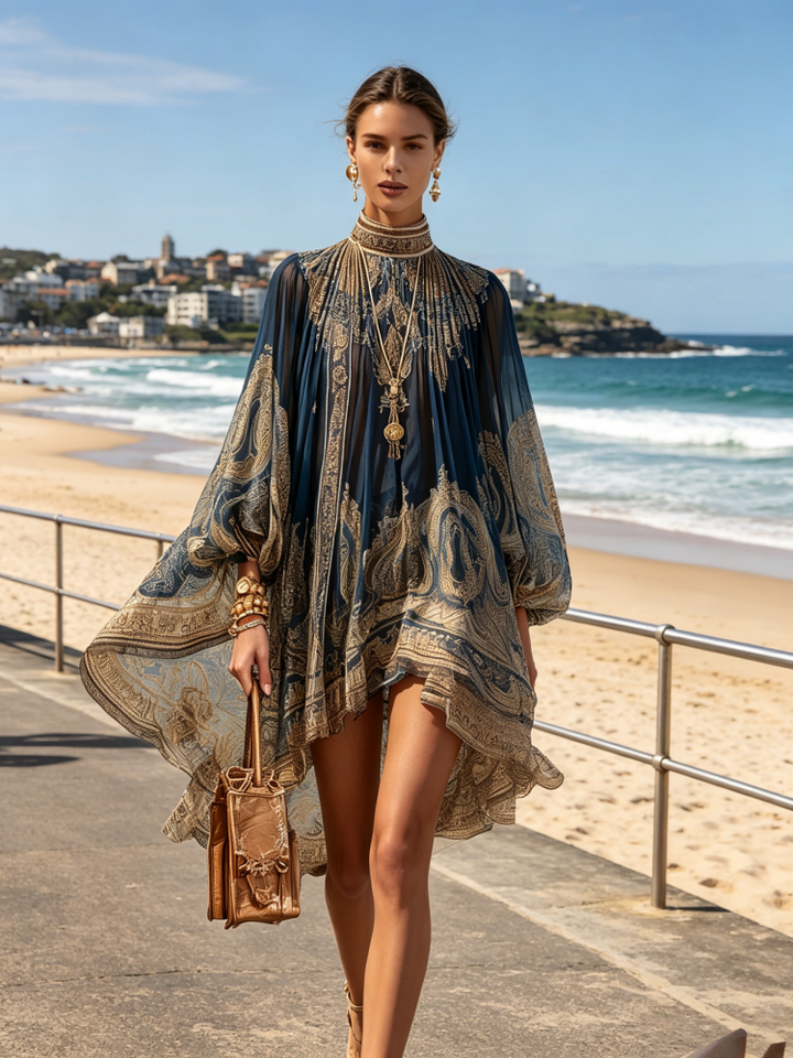 Boho Printed Chiffon High Low Mini Dress