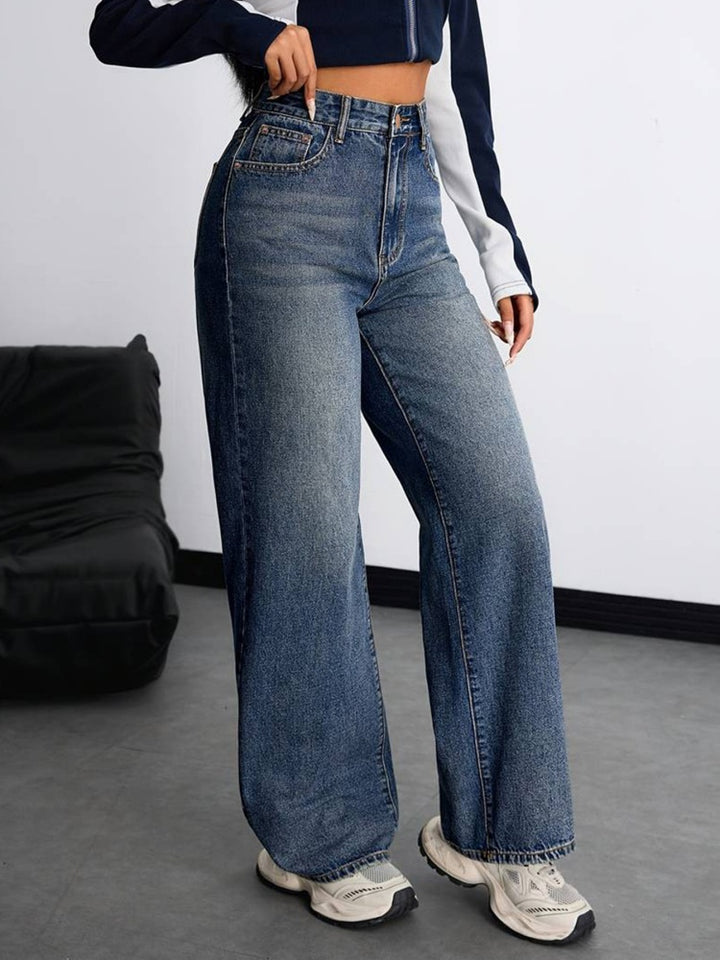 High Waist Vintage Wash Wide Leg Straight Jeans