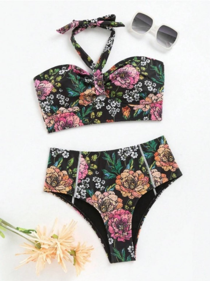 Vibrant Floral Halter Keyhole High Waisted Bikini Set