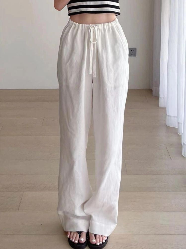 High Waisted Drawstring Wide Leg Linen Pants