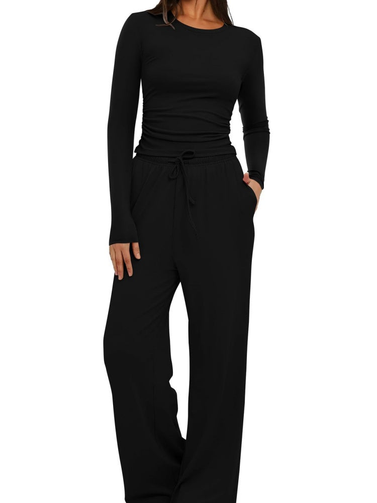 Ruched Long Sleeve Top &amp; Drawstring Wide Leg Pants Set