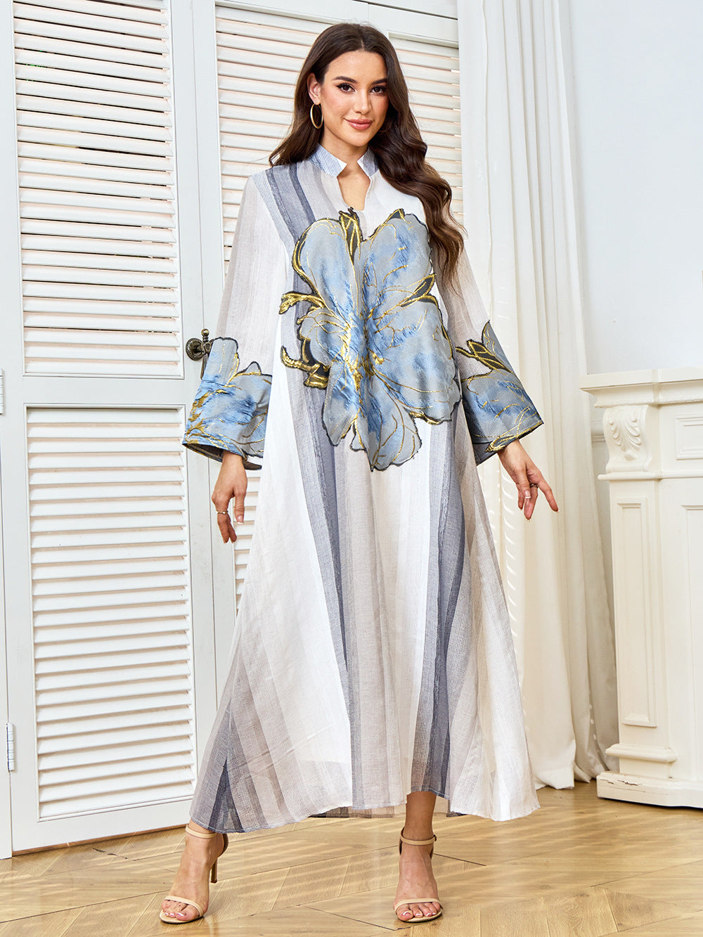 Oversized Floral Applique Striped Abaya Maxi Dress