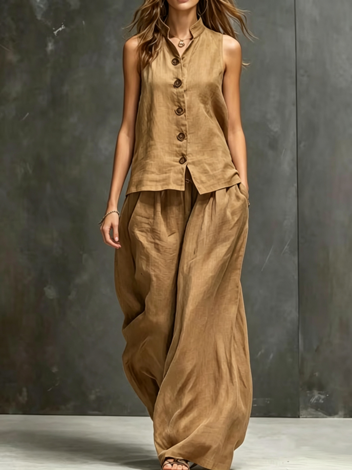 Sleeveless vest, wide-leg pants, cotton and linen two-piece set