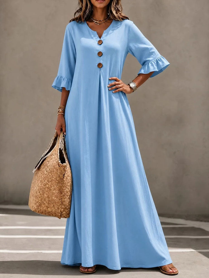 V-Neck Ruffle-Sleeve Dress with Wooden Buttons