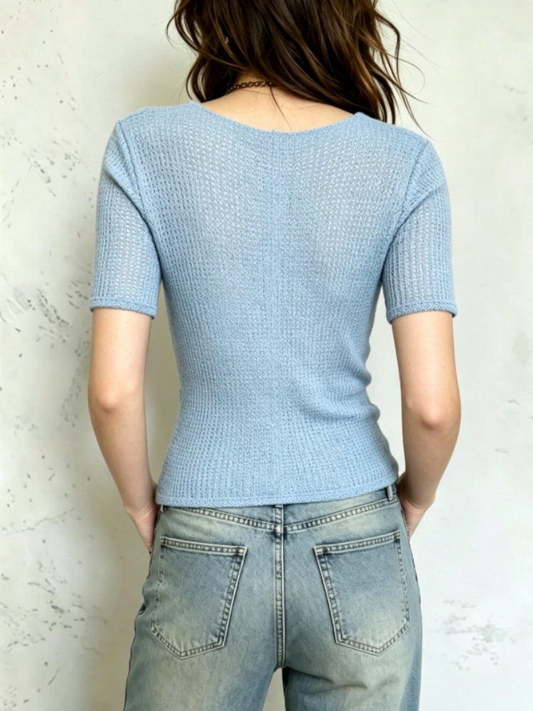 Wrap-Front Knit Top | V-Neck Short Sleeve Crisscross Blouse